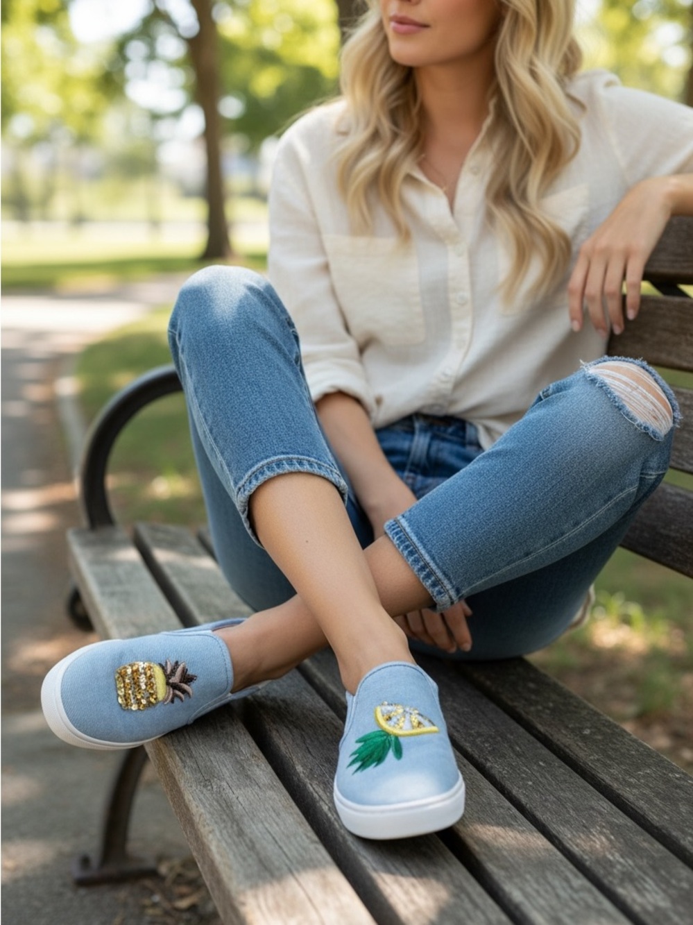 Sam Edelman Evelin Denim Canvas Fruit Print Shoes Size 5.5